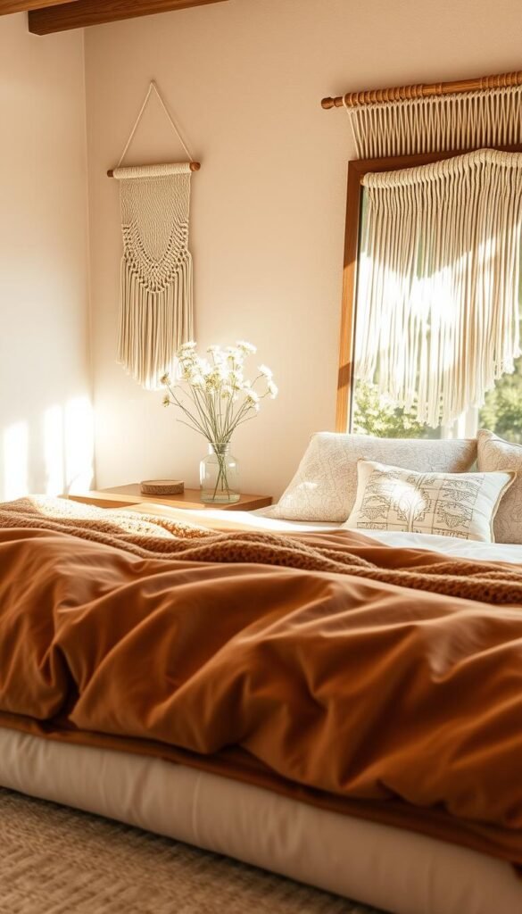 A cozy, inviting bedroom with natural elements seamlessly blended into the design. In the foreground, a plush, earthy-toned bedding set complemented by a woven throw blanket and textured pillows. In the middle ground, a rustic wooden nightstand holds a simple glass vase with fresh wildflowers, and a large, framed mirror reflects the natural light streaming through the window. The background features a neutral-toned accent wall with a handcrafted macrame wall hanging, adding an organic, textural element. The overall lighting is soft and warm, creating a serene, nature-inspired atmosphere.