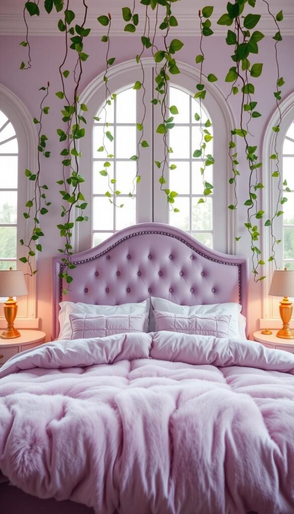 A cozy, inviting bedroom with soft, pastel hues of purple and pink. In the foreground, a plush, tufted headboard in a rich lavender shade takes center stage, flanked by delicate, blush-colored side tables. Ornate, brushed gold lamps cast a warm, ambient glow, illuminating the serene scene. In the middle ground, a large, fluffy duvet in a playful, pinkish-purple tone invites you to sink in and relax. Trailing vines of lush, leafy greenery cascade from the ceiling, adding a whimsical, nature-inspired element. The background features a pair of tall, arched windows, allowing natural light to filter in and heighten the ethereal, dreamlike atmosphere.