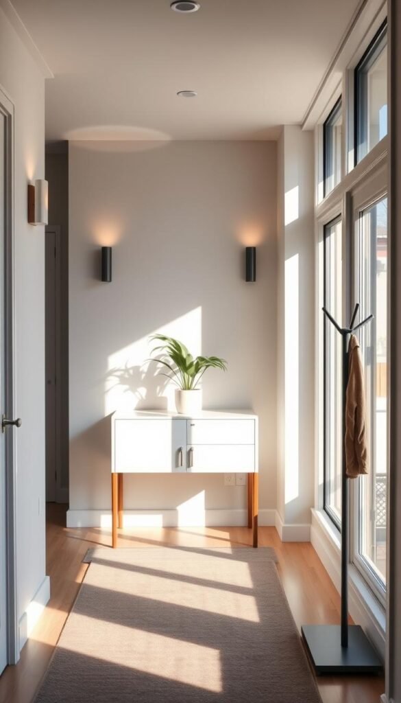 A cozy, inviting entryway in a small apartment, bathed in warm, natural light filtering through large windows. A stylish console table with clean lines and a potted plant creates a focal point, flanked by sleek, minimalist wall sconces casting a soft glow. Beneath, a plush area rug in muted tones anchors the space, leading the eye toward a compact, freestanding coat rack with hooks for hanging outerwear. The overall aesthetic is streamlined and functional, maximizing the limited square footage while maintaining a sense of openness and calm. A cozy, inviting entryway in a small apartment, bathed in warm, natural light filtering through large windows. A stylish console table with clean lines and a potted plant creates a focal point, flanked by sleek, minimalist wall sconces casting a soft glow. Beneath, a plush area rug in muted tones anchors the space, leading the eye toward a compact, freestanding coat rack with hooks for hanging outerwear. The overall aesthetic is streamlined and functional, maximizing the limited square footage while maintaining a sense of openness and calm.