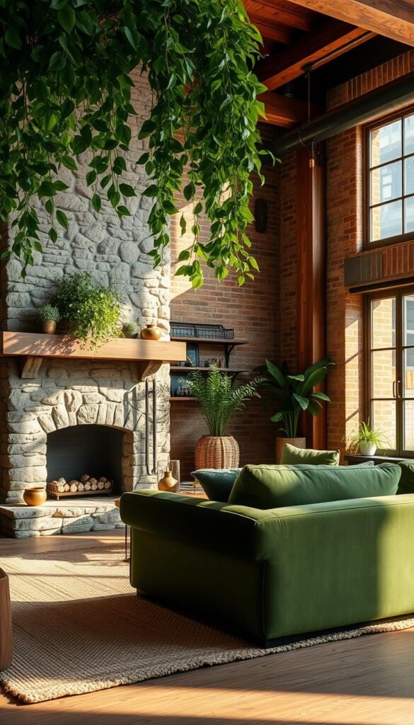 A cozy, inviting green living room with natural textures that create a calming, earthy atmosphere. In the foreground, lush greenery cascades from floating shelves, casting warm shadows on the textured stone fireplace. The middle ground features a plush, oversized velvet sofa in a deep, mossy green, complemented by a soft, woven area rug with intricate patterns. Sunlight filters in through large windows, illuminating the roughhewn wooden beams and exposed brick walls in the background. The overall scene exudes a sense of balance and harmony, showcasing how natural materials and textures can elevate a green color palette in interior design.