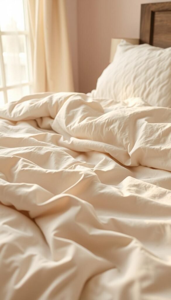 A cozy, inviting middle layer bedding texture with a soft, plush appearance. Layers of high-quality cotton or microfiber in neutral tones like beige, ivory, or light gray, gently rumpled and overlapping to create a luxurious, tactile surface. Subtle visual interest through tone-on-tone patterns, gentle quilting, or delicate stitching. Warm, diffused lighting from a nearby window casts a gentle glow, highlighting the depth and richness of the fabrics. The overall impression is one of comfort, warmth, and a welcoming atmosphere, perfect for snuggling up in a cozy bedroom.