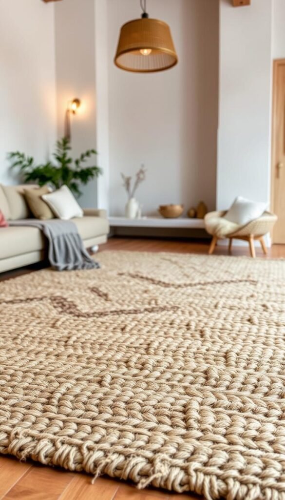 A cozy, inviting natural fiber rug with a layered texture takes center stage, its intricate weave and soft neutral tones creating a warm, grounded foundation. Overlapping and intertwining natural textures, from a jute or sisal base to plush wool and cotton accents, add depth and visual interest. Warm, diffused lighting from a pendant or sconce casts a gentle glow, highlighting the organic imperfections and variations in the fibers. The rug is positioned in a spacious, minimalist living room setting, allowing the textural elements to shine. A sense of timelessness and tactility permeates the scene, inviting touch and interaction.
