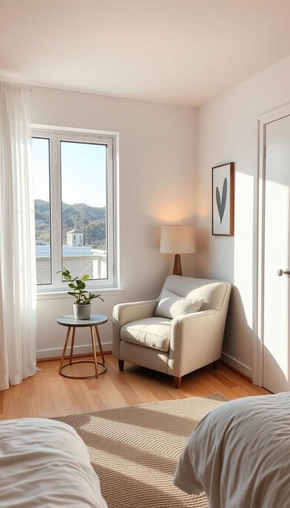 A cozy, inviting seating area nestled in a serene bedroom. A plush, oversized armchair with soft, neutral upholstery sits facing a large window, allowing natural light to flood the space. A small side table with a potted plant and a warm table lamp creates a comfortable reading nook. The walls are adorned with minimalist artwork, and a soft, woven rug anchors the arrangement. The overall atmosphere is calming and intimate, encouraging relaxation and quiet contemplation of the picturesque outdoor view.