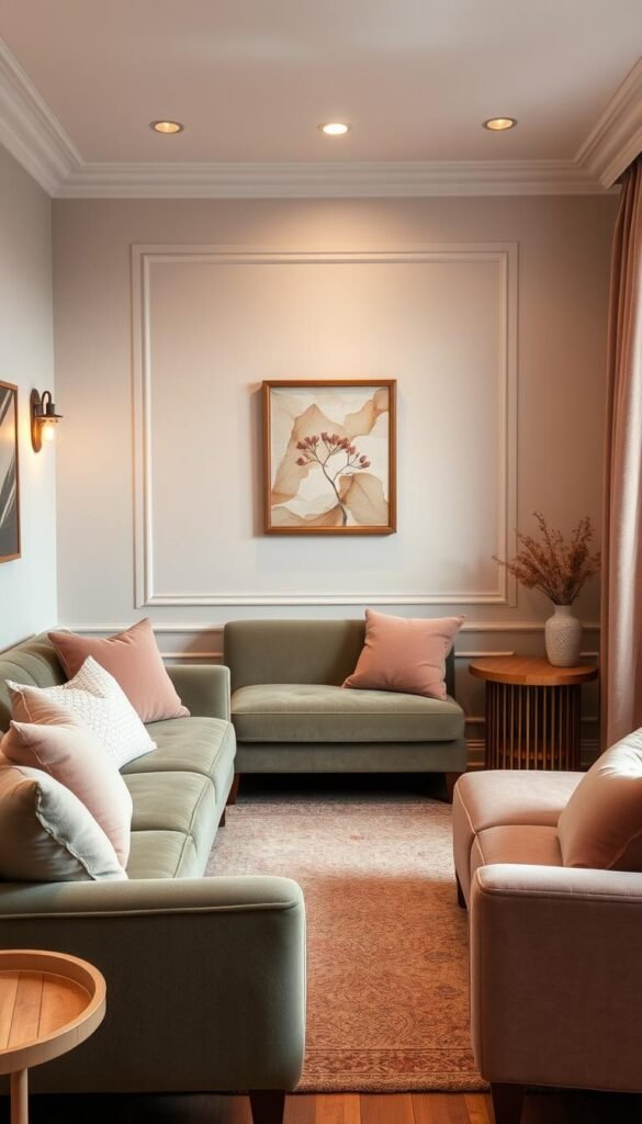 A cozy, inviting small living room with a carefully curated color palette. Soft, muted tones of sage green, warm taupe, and dusty rose create a soothing ambiance. Plush velvet textures and natural wood accents add depth and warmth. Indirect lighting casts a gentle glow, highlighting the room's focal points. The composition is balanced, with the color scheme guiding the eye harmoniously across the space. A sense of luxury and tranquility pervades, perfectly suited for an intimate, relaxing setting.