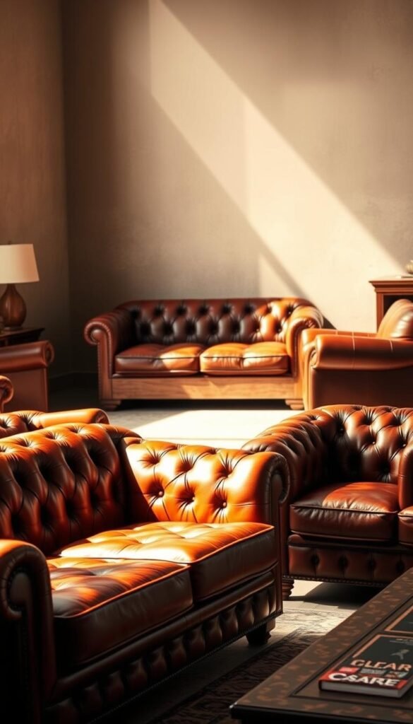 A cozy leather furniture selection bathed in warm, natural light, showcasing a curated collection of timeless pieces. In the foreground, a plush, tufted chesterfield sofa in rich cognac hues commands attention, its elegant silhouette accentuated by a soft, directional lighting. Flanking the sofa, a pair of matching armchairs in a complementary shade add depth and balance to the scene. In the middle ground, a sturdy, oak-framed loveseat in a distressed leather finish contributes to the refined, masculine aesthetic. The background is filled with a subtle, textured wall in a muted, earthy tone, allowing the leather furniture to take center stage and exude an air of sophisticated, timeless appeal.