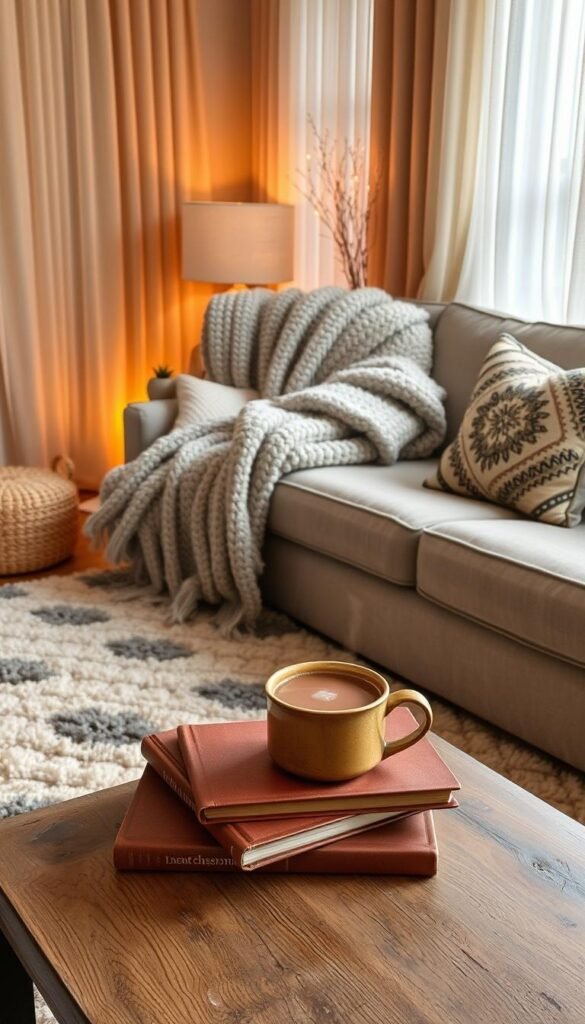 A cozy living room adorned with a soft, plush area rug, a chunky knitted throw blanket draped over a plush, oversized armchair, and a decorative pillow arrangement on a comfortable sofa. Warm, ambient lighting filters through sheer curtains, casting a golden glow over the scene. In the foreground, a stack of hardcover books and a steaming mug of hot chocolate sit atop a rustic wooden side table, conveying a sense of relaxation and hygge. The overall atmosphere is one of inviting, luxurious comfort, perfect for a peaceful afternoon or evening.