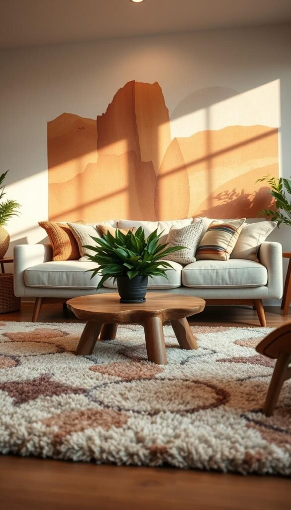 A cozy living room bathed in natural light, layered with a mix of organic textures. In the foreground, a plush, earthy-toned area rug with an abstract pattern anchors the space. Atop it, a low-slung, handcrafted wooden coffee table, its surface adorned with a lush, verdant potted plant. Behind, a mid-century modern sofa, its soft, neutral upholstery complemented by an array of throw pillows in woven, linen, and velvet fabrics. In the background, a feature wall showcases a striking, abstract mural in earthy hues, creating a sense of depth and visual interest. Warm, indirect lighting from hidden sources casts a gentle, diffused glow, evoking a tranquil, meditative ambiance. The overall composition exudes a harmonious blend of natural textures and organic elegance.