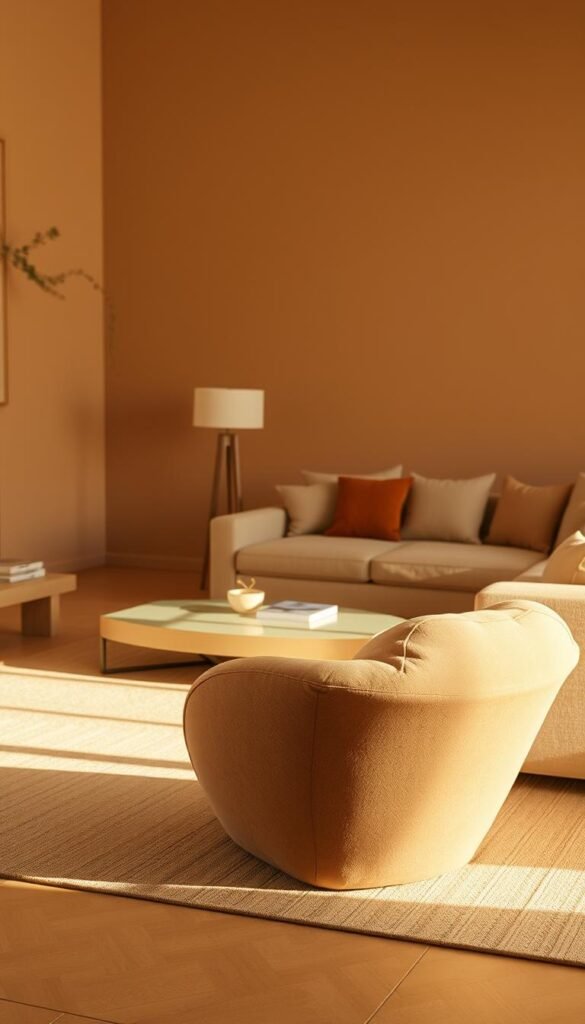 A cozy living room bathed in warm, diffused lighting. In the foreground, a plush, organic armchair with soft, rounded edges invites relaxation. Its fabric has a subtle sheen, hinting at the luxurious materials. In the middle ground, a low-profile coffee table with fluid, curved lines complements the chair. Its surface is made of a translucent material that casts gentle reflections. Behind, a modular sofa section features clean, geometric shapes, its cushions appearing to melt into the frame. The walls are painted in a muted, earthy tone, creating a serene, grounded atmosphere. Decorative elements, such as a sculptural floor lamp and a trailing plant, add visual interest without disrupting the minimalist, harmonious composition.