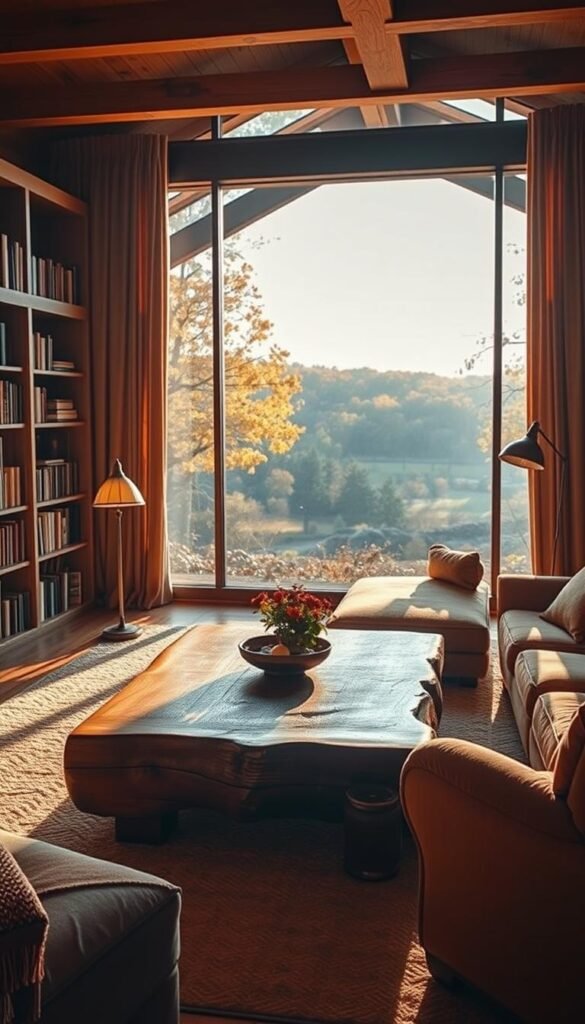 A cozy living room bathed in warm, golden light. The focal point is a large, rustic wooden coffee table, its rich, earthy tones complemented by plush, autumn-hued seating. Bookshelves line the walls, their wooden shelves displaying an array of treasured volumes. Soft, ambient lighting emanates from a pair of vintage-inspired floor lamps, casting a gentle glow over the space. In the background, a large, floor-to-ceiling window frames a view of the outdoors, where a lush, autumnal landscape is visible. The overall atmosphere is one of comfort, relaxation, and a celebration of the natural world.
