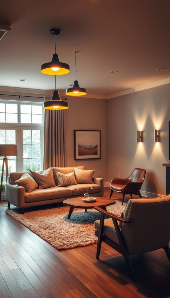 A cozy living room bathed in warm, layered lighting. In the foreground, a plush area rug and an inviting L-shaped sofa create a comfortable seating area. Overhead, a pair of sleek pendant lights cast a soft, amber glow, complemented by the gentle illumination of a floor lamp in the corner. The middle ground features a wooden coffee table and a mid-century modern armchair, their textures accentuated by a mix of ambient and task lighting. In the background, a large window allows natural light to filter in, while concealed wall sconces add a subtle, soothing radiance to the space. The overall atmosphere is one of understated elegance and inviting, earthy minimalism.