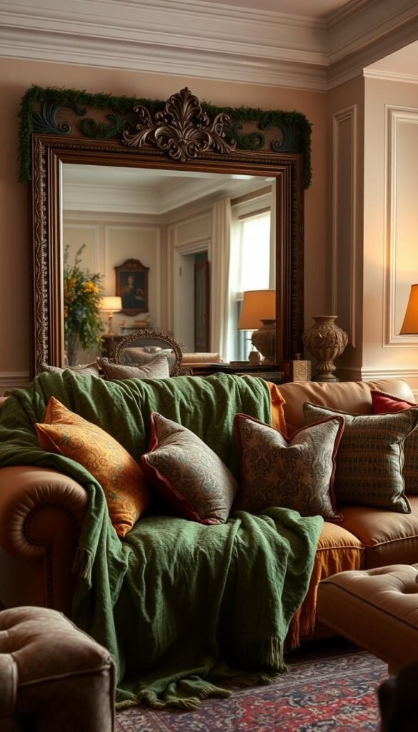 A cozy living room filled with a lush, textured tapestry in vibrant hues of emerald and ochre, draped elegantly over a plush, oversized sofa. Surrounding it, an assortment of throw pillows in complementary patterns and textures, creating a visually striking and inviting atmosphere. The lighting is warm and diffused, casting a soft glow that enhances the richness of the fabrics. In the background, a large, ornate mirror reflects the room, adding depth and a sense of grandeur. The overall scene exudes a sense of luxury and sophistication, yet maintains an air of approachability and comfort. A cozy living room filled with a lush, textured tapestry in vibrant hues of emerald and ochre, draped elegantly over a plush, oversized sofa. Surrounding it, an assortment of throw pillows in complementary patterns and textures, creating a visually striking and inviting atmosphere. The lighting is warm and diffused, casting a soft glow that enhances the richness of the fabrics. In the background, a large, ornate mirror reflects the room, adding depth and a sense of grandeur. The overall scene exudes a sense of luxury and sophistication, yet maintains an air of approachability and comfort.