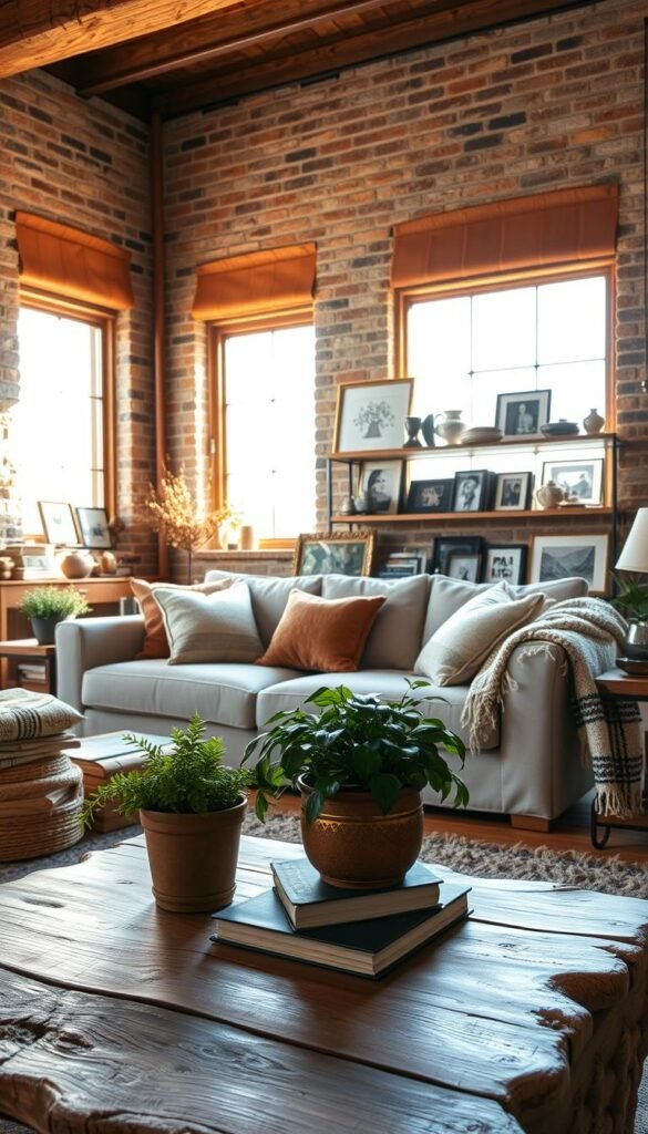 A cozy living room filled with natural elements and personal touches. In the foreground, a rustic wooden coffee table adorned with a lush potted plant and a stack of well-worn books. The middle ground features a plush, neutral-toned sofa accented by pillows in earthy tones and a hand-woven throw blanket. Sunlight streams through large windows, casting a warm, golden glow and highlighting the textured walls with exposed brick or natural stone. On the shelves and side tables, a curated collection of framed family photos, artisanal ceramics, and other cherished mementos create a sense of lived-in elegance. The overall atmosphere is one of understated sophistication and harmony between the natural and the personal.