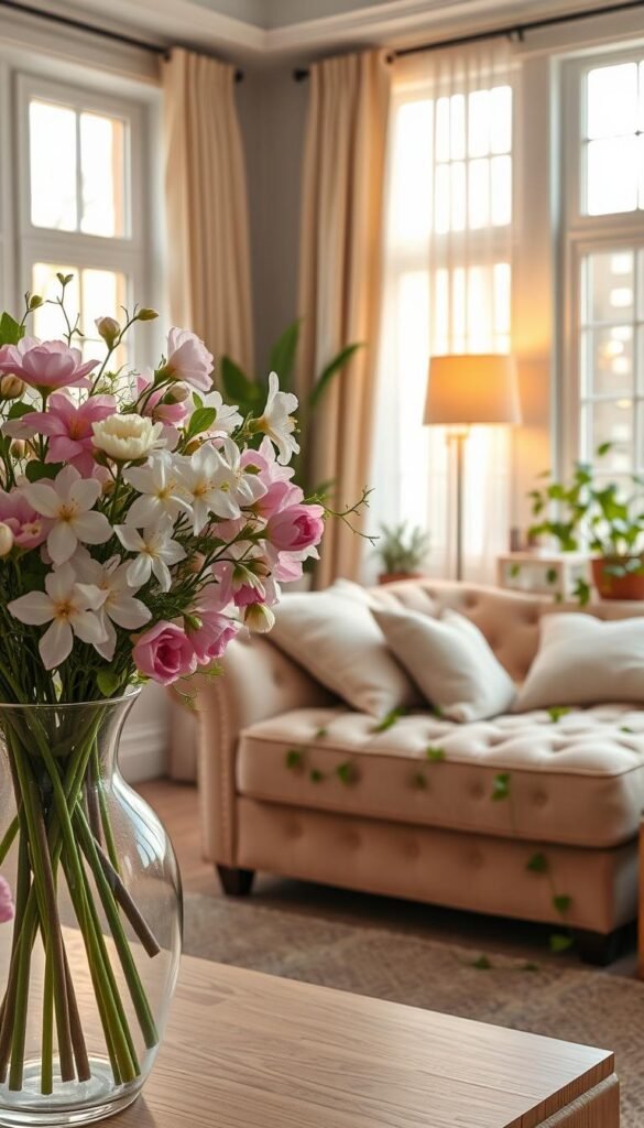 A cozy living room filled with soft, natural light streaming through large windows. In the foreground, an elegant glass vase overflows with a vibrant bouquet of spring flowers, their delicate petals emanating a subtle, refreshing fragrance. The middle ground showcases a plush, tufted sofa in a pale, earthy tone, adorned with fluffy pillows in pastel hues. Trailing vines and potted plants dot the scene, adding pops of verdant greenery. In the background, a warm, golden glow from a floor lamp casts a gentle, inviting ambiance, complemented by the sun's rays filtering through sheer curtains. The overall atmosphere is one of tranquility, renewal, and a sense of welcoming spring energy. A cozy living room filled with soft, natural light streaming through large windows. In the foreground, an elegant glass vase overflows with a vibrant bouquet of spring flowers, their delicate petals emanating a subtle, refreshing fragrance. The middle ground showcases a plush, tufted sofa in a pale, earthy tone, adorned with fluffy pillows in pastel hues. Trailing vines and potted plants dot the scene, adding pops of verdant greenery. In the background, a warm, golden glow from a floor lamp casts a gentle, inviting ambiance, complemented by the sun's rays filtering through sheer curtains. The overall atmosphere is one of tranquility, renewal, and a sense of welcoming spring energy.