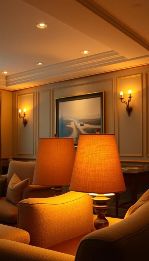 A cozy living room filled with warm, layered lighting. In the foreground, a pair of elegant table lamps casting a soft, golden glow across plush armchairs. In the middle ground, recessed ceiling lights illuminate the space with a subtle ambient radiance. In the background, a floor lamp with a fabric shade casts a warm, inviting ambiance, complementing the rich wood tones and textured fabrics. Delicate sconces flank a large, framed artwork, creating a visually striking focal point. The overall scene exudes a sense of luxury and comfort, perfect for a relaxing evening.