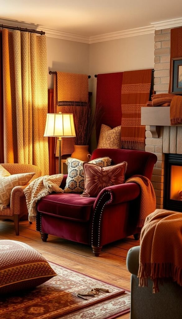 A cozy living room in autumn, with a variety of textured and patterned throw pillows, blankets, and rugs arranged artfully. The focal point is a plush velvet armchair, its deep burgundy hue complemented by the amber and ochre tones of the surrounding fabrics. Soft, warm lighting from a floor lamp and a crackling fireplace casts a golden glow, accentuating the interplay of prints and textures. The overall atmosphere is one of inviting comfort and effortless style.