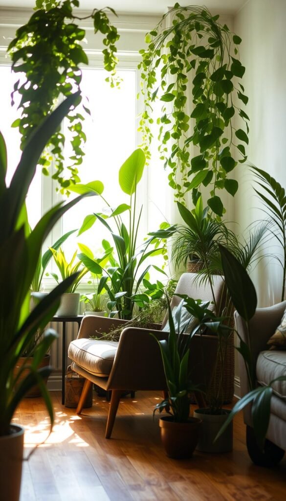 A cozy living room, sunlight filtering through lush, verdant foliage. In the foreground, a mid-century modern armchair nestled amongst a variety of potted plants, their leaves cascading gracefully. Tall, sculptural floor plants frame the scene, their forms casting intriguing shadows on the warm, wooden floors. Soft, diffused lighting illuminates the space, creating a serene, contemplative atmosphere. The plants seamlessly blend with the existing furniture, their natural forms complementing the clean lines and organic textures of the room. This harmonious integration of nature and decor invites the viewer to imagine themselves relaxing in this tranquil, plant-filled oasis. A cozy living room, sunlight filtering through lush, verdant foliage. In the foreground, a mid-century modern armchair nestled amongst a variety of potted plants, their leaves cascading gracefully. Tall, sculptural floor plants frame the scene, their forms casting intriguing shadows on the warm, wooden floors. Soft, diffused lighting illuminates the space, creating a serene, contemplative atmosphere. The plants seamlessly blend with the existing furniture, their natural forms complementing the clean lines and organic textures of the room. This harmonious integration of nature and decor invites the viewer to imagine themselves relaxing in this tranquil, plant-filled oasis.
