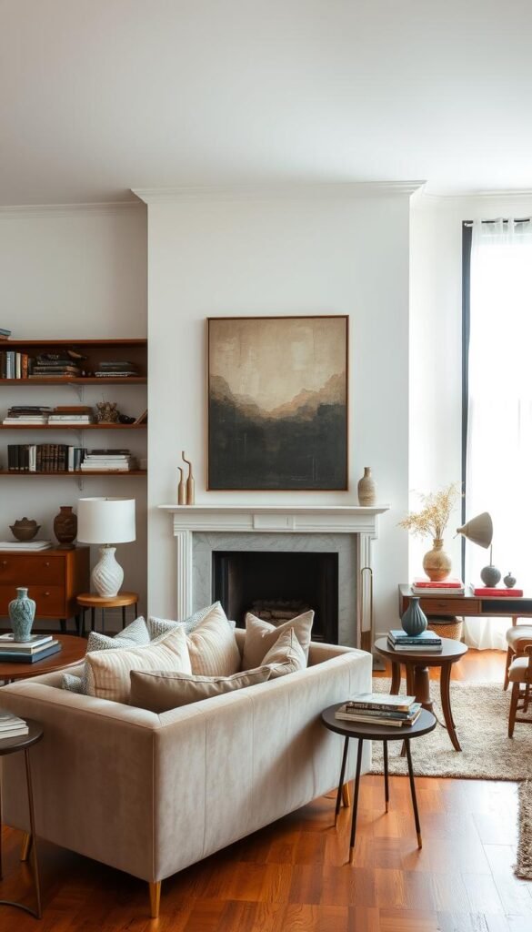 A cozy living room with a blend of vintage and contemporary decor. In the foreground, a plush velvet sofa in a neutral tone sits atop a warm, distressed wooden floor. Scattered around it are a mix of mid-century modern and antique side tables, each adorned with a mix of decorative accents - a vintage table lamp, a contemporary ceramic vase, and a stack of well-worn books. In the middle ground, a large, abstract wall art piece in muted tones hangs above the fireplace, its frame a combination of sleek metal and rustic wood. The background features an expansive window, letting in soft, natural light that filters through sheer curtains, creating a serene, inviting atmosphere. The room exudes a sense of collected, timeless elegance. A cozy living room with a blend of vintage and contemporary decor. In the foreground, a plush velvet sofa in a neutral tone sits atop a warm, distressed wooden floor. Scattered around it are a mix of mid-century modern and antique side tables, each adorned with a mix of decorative accents - a vintage table lamp, a contemporary ceramic vase, and a stack of well-worn books. In the middle ground, a large, abstract wall art piece in muted tones hangs above the fireplace, its frame a combination of sleek metal and rustic wood. The background features an expansive window, letting in soft, natural light that filters through sheer curtains, creating a serene, inviting atmosphere. The room exudes a sense of collected, timeless elegance.