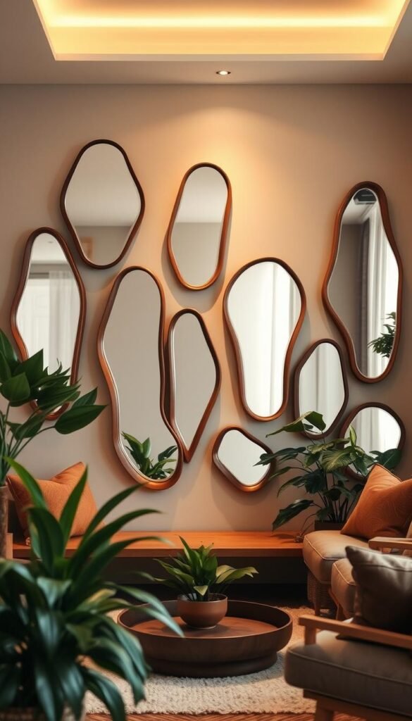 A cozy living room with a central focus on a set of organic-shaped mirrors. The mirrors have fluid, asymmetric forms reminiscent of natural elements like rivers, rocks, or tree branches. They are arranged in a harmonious, asymmetric layout that creates an inviting, nature-inspired ambiance. The mirrors are framed in warm-toned wood or metal, blending seamlessly with the earthy color palette of the room. Soft, indirect lighting casts a gentle glow, highlighting the mirrors' unique shapes and textures. Lush, verdant plants surround the mirrors, further enhancing the natural, serene atmosphere. The overall scene evokes a sense of harmony between the indoors and the outdoors, making the living space feel larger and more open.