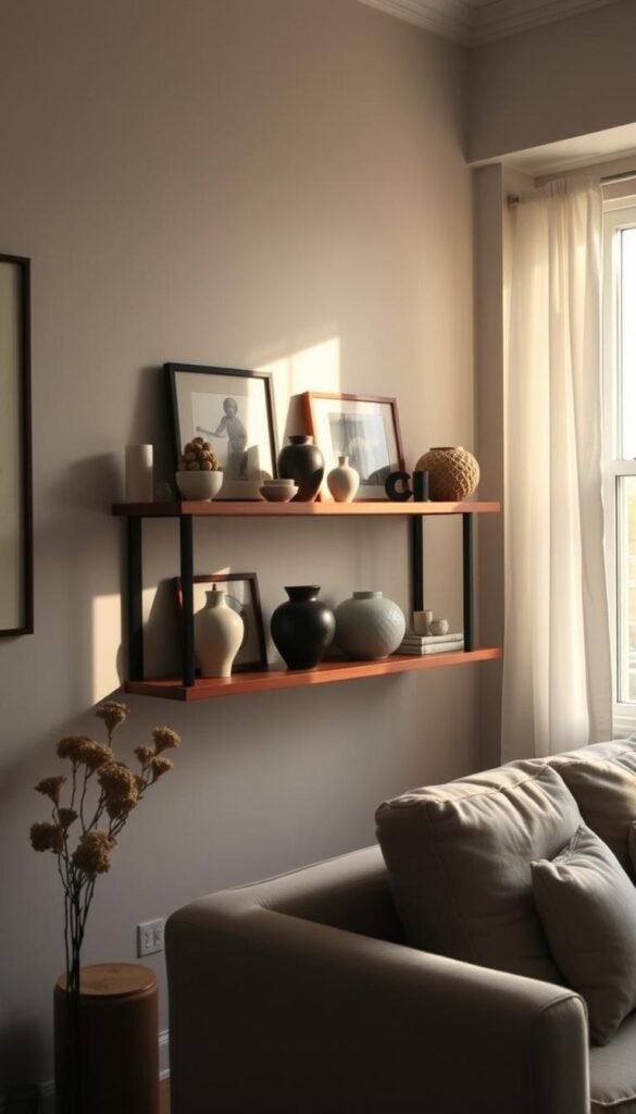 A cozy living room with a floating shelf displaying a variety of decorative items. The shelf is slightly askew, with a few items precariously perched. Soft, natural lighting filters in through a nearby window, creating warm, diffused shadows. The camera angle is slightly elevated, providing a birds-eye view of the styling challenges. The overall mood is one of gentle, domestic imperfection, inviting the viewer to consider solutions for a more polished, balanced display.