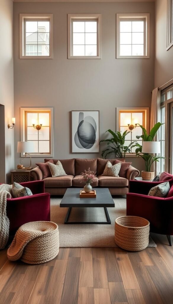 A cozy living room with a focal point that invites connection and comfort. A plush, deep-seated sofa faces a modern, rectangular coffee table, flanked by two matching armchairs in a rich, jewel-toned velvet. Warm, dimmable sconces cast a soft glow, highlighting the natural textures of the space - woven baskets, a chunky knit throw, and a lush, verdant houseplant in the corner. The neutral color palette is accented by pops of earthy, terracotta tones and natural wood tones, creating an inviting, harmonious atmosphere. High ceilings and large windows flood the room with soft, diffused natural light, giving the space an airy, yet intimate feel. The overall layout encourages conversation and relaxation, a true oasis of cozy luxury.