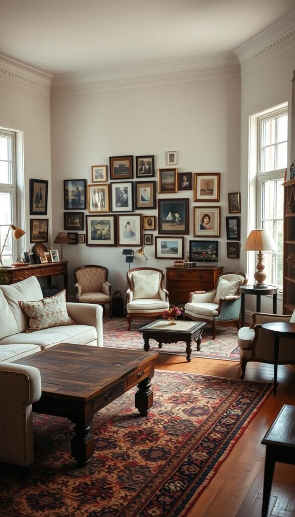 A cozy living room with a harmonious blend of vintage and contemporary elements. In the foreground, a plush, beige sofa sits atop a patterned area rug, complemented by a rustic wooden coffee table. Midground features a mix of vintage-inspired armchairs and a sleek, modern side table. The walls showcase a gallery of framed artwork, creating a warm, inviting ambiance. Soft, natural lighting filters through large windows, casting a gentle glow and accentuating the room's eclectic charm. The overall mood is one of refined elegance, where the past and present seamlessly converge.