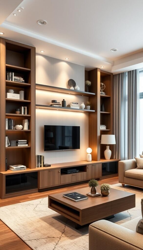 A cozy living room with a modern, minimalist aesthetic. In the foreground, sleek built-in shelving units with ample storage space for books, decor, and small electronics. The shelves are arranged in a visually appealing asymmetrical pattern, adding visual interest. The middle ground features a low-profile coffee table with clean lines and hidden storage compartments. Soft, indirect lighting from recessed fixtures and table lamps creates a warm, inviting ambiance. The background showcases large windows with neutral curtains, allowing natural light to flood the space and highlight the clean, uncluttered design.