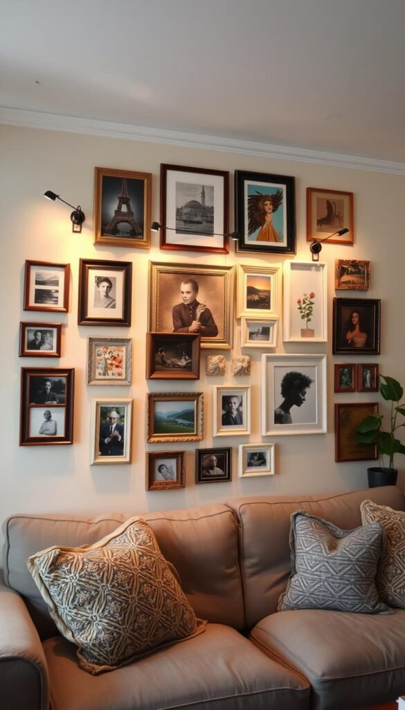 A cozy living room with a tastefully curated gallery wall, featuring a mix of framed artwork, vintage photos, and DIY crafts in an eclectic yet cohesive arrangement. The wall is illuminated by warm, soft lighting, casting a gentle glow and highlighting the textural details of the frames and artwork. The layout is thoughtfully balanced, with pieces of varying sizes and shapes creating visual interest and a sense of personal style. The overall atmosphere evokes a welcoming, inviting ambiance, perfect for a budget-friendly and uniquely decorated living space. A cozy living room with a tastefully curated gallery wall, featuring a mix of framed artwork, vintage photos, and DIY crafts in an eclectic yet cohesive arrangement. The wall is illuminated by warm, soft lighting, casting a gentle glow and highlighting the textural details of the frames and artwork. The layout is thoughtfully balanced, with pieces of varying sizes and shapes creating visual interest and a sense of personal style. The overall atmosphere evokes a welcoming, inviting ambiance, perfect for a budget-friendly and uniquely decorated living space.