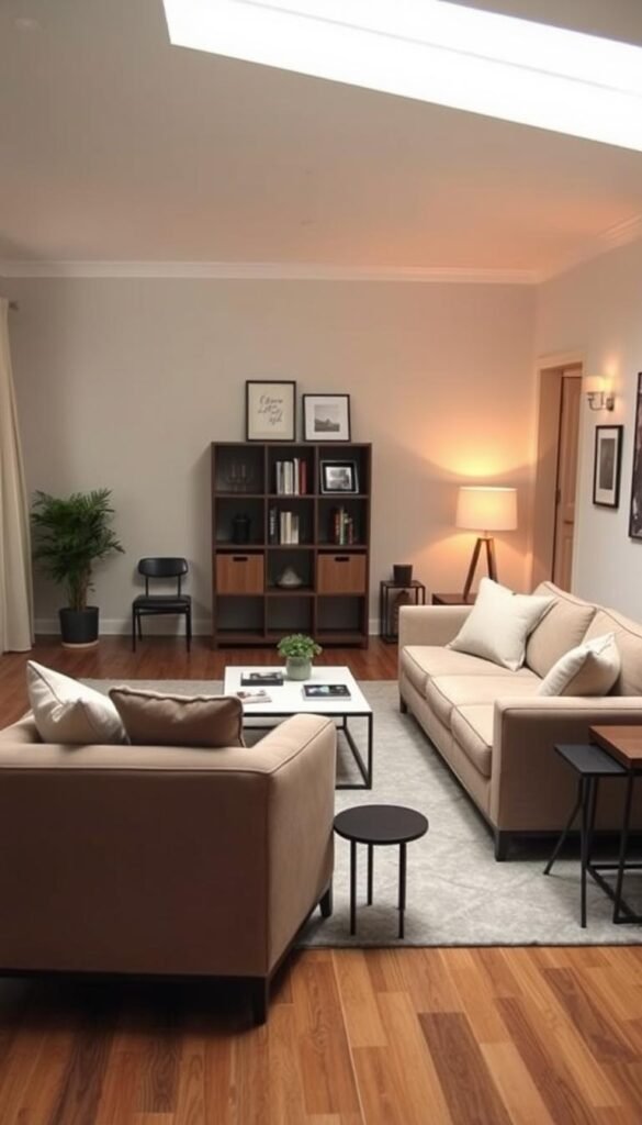 A cozy living room with a thoughtful furniture arrangement. In the foreground, a plush sofa and matching armchair are positioned to create an inviting conversation area. In the middle ground, a modern coffee table and coordinating end tables provide functional surfaces. The background features a minimalist bookshelf and wall decor that complement the room's neutral color palette. Warm, diffused lighting from a floor lamp and wall sconces creates a welcoming ambiance. The overall layout optimizes the space, balancing form and function for an affordable, yet elevated aesthetic. A cozy living room with a thoughtful furniture arrangement. In the foreground, a plush sofa and matching armchair are positioned to create an inviting conversation area. In the middle ground, a modern coffee table and coordinating end tables provide functional surfaces. The background features a minimalist bookshelf and wall decor that complement the room's neutral color palette. Warm, diffused lighting from a floor lamp and wall sconces creates a welcoming ambiance. The overall layout optimizes the space, balancing form and function for an affordable, yet elevated aesthetic.