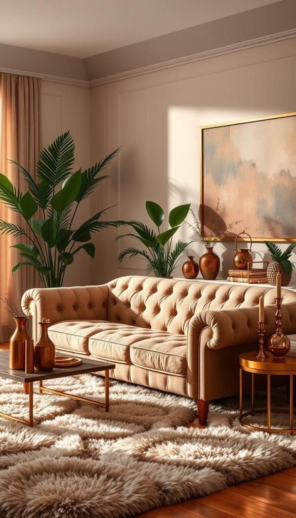 A cozy living room with a warm, inviting ambiance. The focal point is a plush, tufted sofa with gleaming metallic accents on the frame. Surrounding it, a selection of decorative accessories like vases, candlesticks, and small sculptures feature a harmonious blend of burnished copper, brass, and gold finishes. The lighting is soft and diffused, creating a gentle, radiant glow that reflects off the metallic elements. The walls are adorned with abstract artworks in muted, earthy tones that complement the metallic hues. Lush, verdant potted plants add a natural touch, while a luxurious, high-pile rug grounds the space. Overall, the scene exudes a sense of refined elegance and opulence.