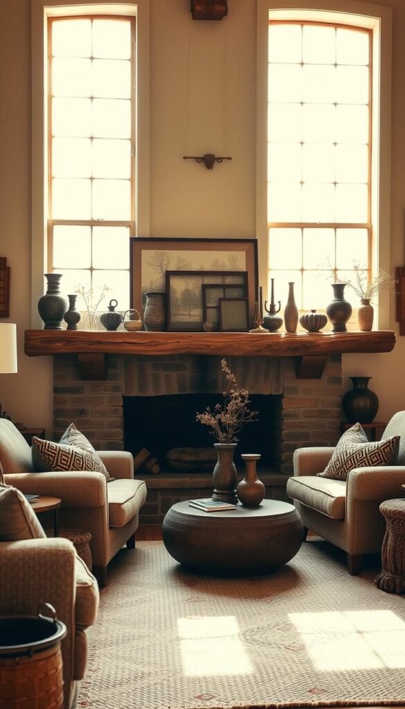 A cozy living room with a warm, inviting ambiance. The focal point is a rustic wooden mantelpiece, adorned with carefully curated trinkets and vintage decor that tell a story of history and tradition. Sunlight filters through large windows, casting a soft, golden glow that highlights the natural textures of the weathered wood and complements the earthy tones of the room. Plush, textured furnishings in neutral shades create a sense of comfort and relaxation, while carefully placed accent pieces, such as a hand-woven rug and artisanal vases, add depth and character to the space. The overall atmosphere evokes a sense of timeless elegance and a connection to the natural world.