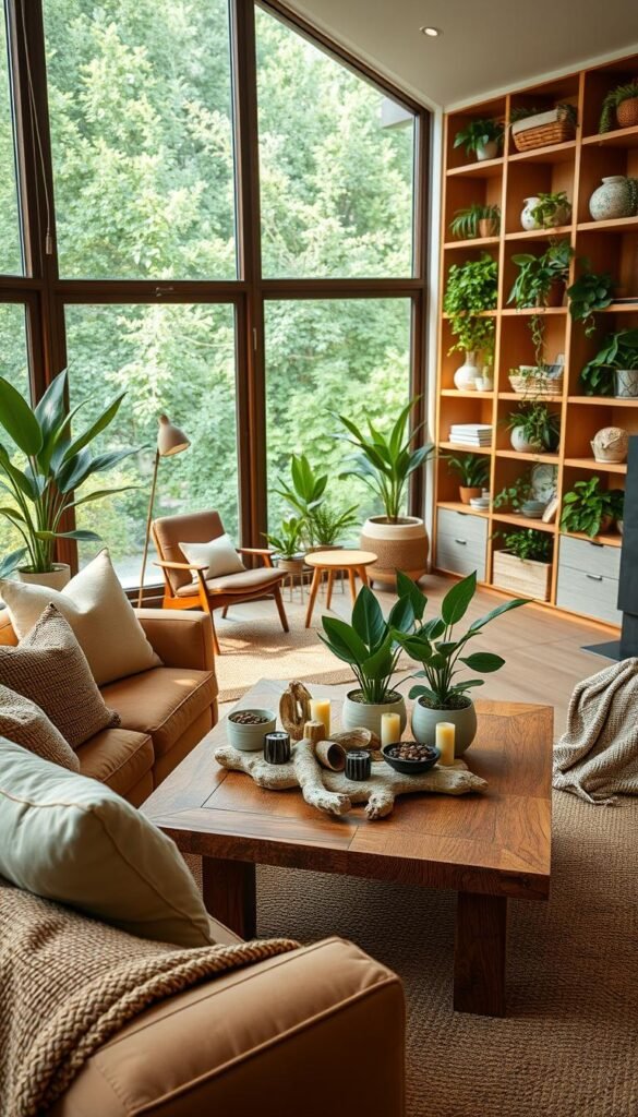 A cozy living room with natural elements, bathed in warm, diffuse lighting from large windows overlooking a lush garden. In the foreground, a plush, earthy-toned sofa accented with decorative pillows and a woven throw blanket. Centered on a natural wood coffee table, an arrangement of potted plants and natural elements like driftwood, river rocks, and candles. The middle ground features a mid-century modern armchair and side table, complemented by a woven area rug. The background showcases floor-to-ceiling bookshelves filled with greenery and natural decor, creating a serene, nature-inspired ambiance.