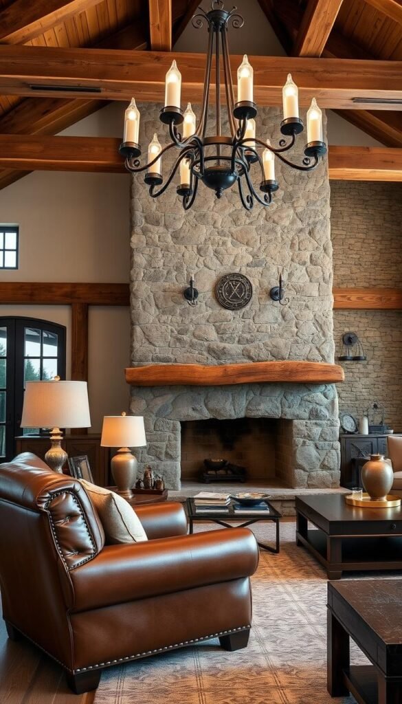A cozy living room with rustic luxury design elements. In the foreground, a plush, oversized leather armchair sits beside a solid wood side table with a brass lamp. In the middle ground, a large stone fireplace with a thick wooden mantel anchors the space, casting a warm glow. Hanging above, an ornate, wrought-iron chandelier illuminates the room. In the background, exposed wooden beams and a stone accent wall create a natural, earthy ambiance. Soft textures, rich colors, and industrial-chic accents come together to form a harmonious, sophisticated yet inviting atmosphere.