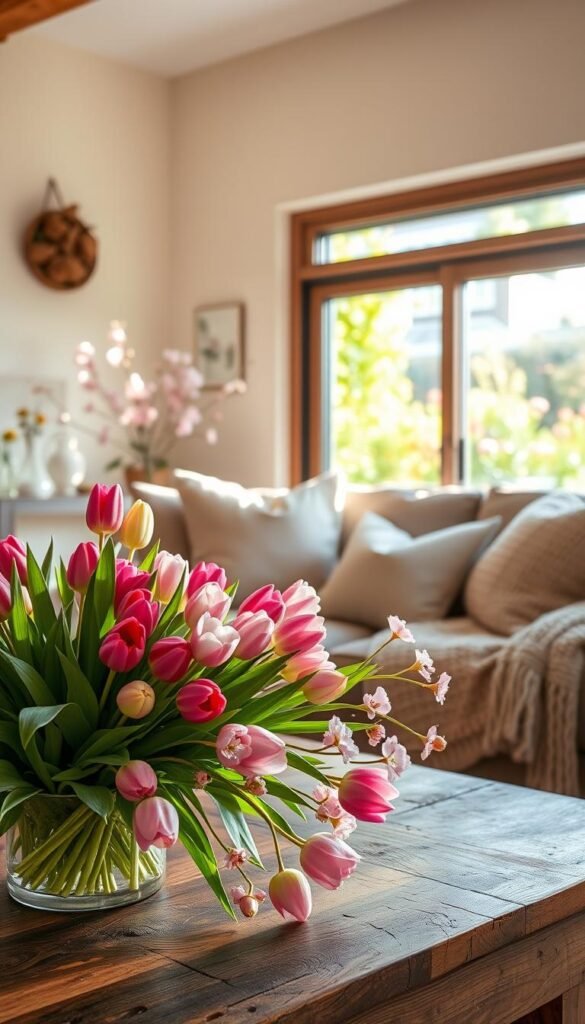 A cozy living room with thoughtful spring color accents. In the foreground, a lush bouquet of vibrant tulips and delicate cherry blossoms rests on a rustic wooden coffee table, bathed in warm, soft lighting. The middle ground features plush, pastel-hued throw pillows and a knitted blanket draped over a neutral-toned sofa. In the background, a large window frames a serene, sun-dappled garden, its fresh greenery and blooming flowers creating a natural, calming ambiance. The overall scene exudes a sense of tranquility and renewal, perfectly capturing the spirit of spring. A cozy living room with thoughtful spring color accents. In the foreground, a lush bouquet of vibrant tulips and delicate cherry blossoms rests on a rustic wooden coffee table, bathed in warm, soft lighting. The middle ground features plush, pastel-hued throw pillows and a knitted blanket draped over a neutral-toned sofa. In the background, a large window frames a serene, sun-dappled garden, its fresh greenery and blooming flowers creating a natural, calming ambiance. The overall scene exudes a sense of tranquility and renewal, perfectly capturing the spirit of spring.