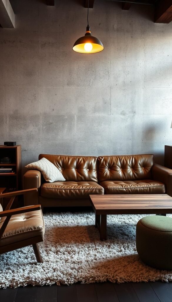 A cozy loft interior with a mix of textured materials, such as a rough concrete wall, a smooth leather sofa, a wooden coffee table, and a plush area rug. Soft lighting from a pendant lamp casts a warm glow, highlighting the contrast and interplay of the different surfaces. The scene has a relaxed, industrial-chic ambiance, inviting the viewer to imagine themselves in this stylish yet comfortable living space.