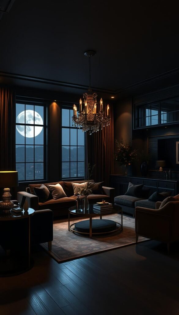 A cozy, luxurious dark living room with strategic lighting creating a chic, intimate ambiance. Soft, warm spotlights illuminate key decor elements - a plush velvet sofa, polished side tables, and a stunning statement chandelier. Shadows dance along the walls, adding depth and drama. The lighting casts a gentle glow, accentuating the rich, luxurious textures of the room. Large windows allow moonlight to filter in, casting a serene, moody atmosphere. The lighting design expertly balances brightness and darkness, evoking a sense of refined elegance and sophistication.