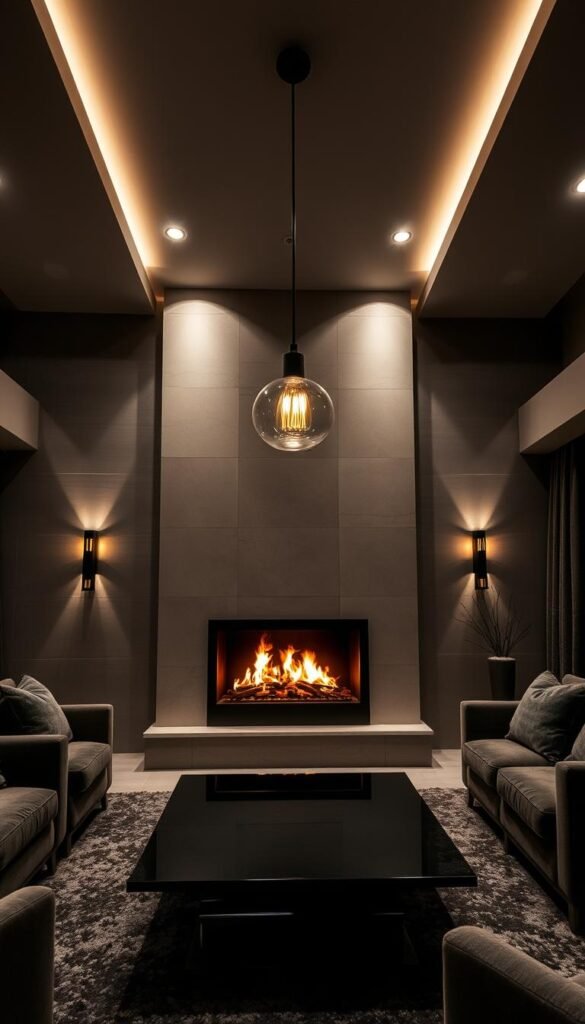 A cozy, luxurious living room bathed in strategic lighting. The focal point is a large, modern fireplace, its flickering flames casting a warm glow across the room. Recessed ceiling lights illuminate the space, creating a soft, ambient illumination. Discreet wall sconces provide accent lighting, highlighting textured walls and plush furnishings. Pendant lights above a sleek, glass-topped coffee table cast a gentle, diffused light. The overall atmosphere is one of sophistication and tranquility, inviting the viewer to relax and unwind in this soothing, darkly elegant space.