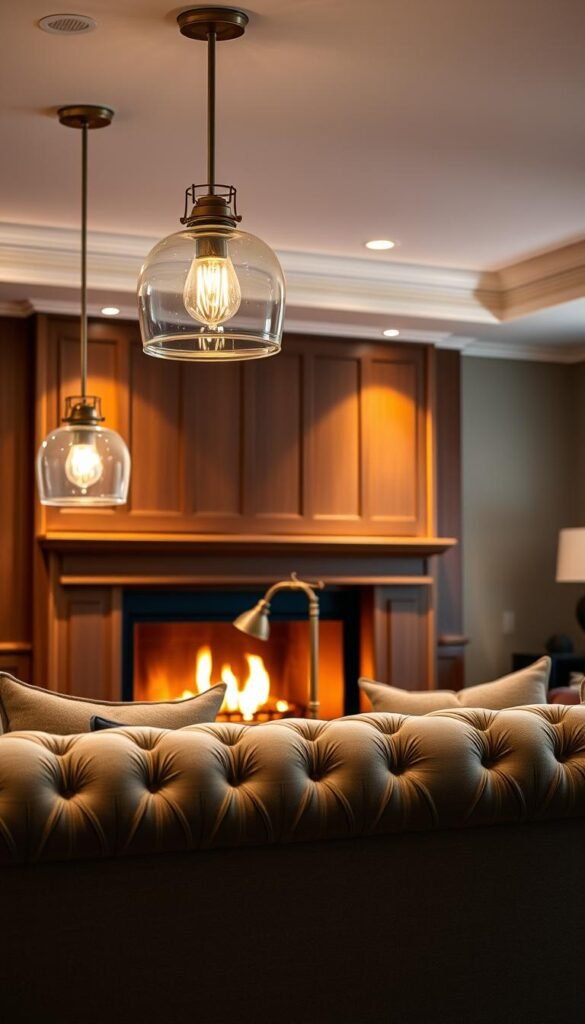 A cozy, luxurious living room with a layered lighting strategy. The warm glow of a fireplace in the background, casting a soft, inviting ambiance. In the foreground, a pair of elegant pendant lights hang above a plush, tufted sofa, their gentle illumination creating a comforting atmosphere. Between them, a delicate table lamp adds a touch of sophistication, its light reflecting off the polished wood surfaces. Recessed lighting in the ceiling provides an even, subtle illumination, tying the whole space together and accentuating the rich textures of the room's furnishings. The overall effect is one of refined elegance and relaxation, perfect for an evening of comfort and conversation.