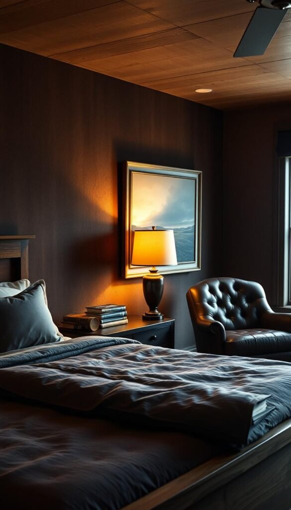 A cozy, masculine bedroom with rich, textured walls in deep, earthy tones. In the foreground, a sturdy wooden bed frame with plush bedding in muted shades. Warm task lighting illuminates a rustic nightstand adorned with a bronze lamp and a vintage leather-bound book. In the middle ground, a large, framed landscape painting hangs on the wall, casting a subtle, moody ambiance. The background features a cozy reading nook with a tufted leather armchair and a side table displaying a stack of well-worn, hardcover books. The overall atmosphere is one of understated sophistication and inviting comfort. A cozy, masculine bedroom with rich, textured walls in deep, earthy tones. In the foreground, a sturdy wooden bed frame with plush bedding in muted shades. Warm task lighting illuminates a rustic nightstand adorned with a bronze lamp and a vintage leather-bound book. In the middle ground, a large, framed landscape painting hangs on the wall, casting a subtle, moody ambiance. The background features a cozy reading nook with a tufted leather armchair and a side table displaying a stack of well-worn, hardcover books. The overall atmosphere is one of understated sophistication and inviting comfort.