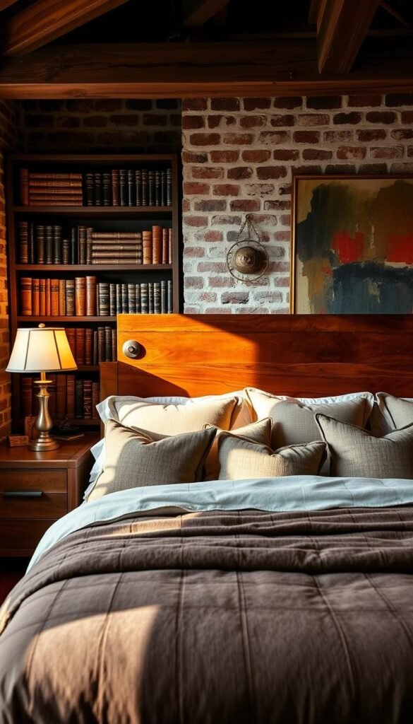 A cozy, masculine bedroom with warm lighting and rustic decor. In the foreground, a large wooden headboard with metal accents adorns the king-size bed, layered with plush bedding and pillows in earthy tones. On the side tables, a pair of vintage table lamps cast a soft glow. The mid-ground features a custom-built bookshelf filled with leather-bound volumes and personal trinkets, conveying the owner's intellectual interests. In the background, abstract expressionist paintings in bold, moody hues hang on the exposed brick walls, reflecting the resident's artistic flair and individual style. The overall atmosphere is one of refined sophistication and masculine elegance. A cozy, masculine bedroom with warm lighting and rustic decor. In the foreground, a large wooden headboard with metal accents adorns the king-size bed, layered with plush bedding and pillows in earthy tones. On the side tables, a pair of vintage table lamps cast a soft glow. The mid-ground features a custom-built bookshelf filled with leather-bound volumes and personal trinkets, conveying the owner's intellectual interests. In the background, abstract expressionist paintings in bold, moody hues hang on the exposed brick walls, reflecting the resident's artistic flair and individual style. The overall atmosphere is one of refined sophistication and masculine elegance.