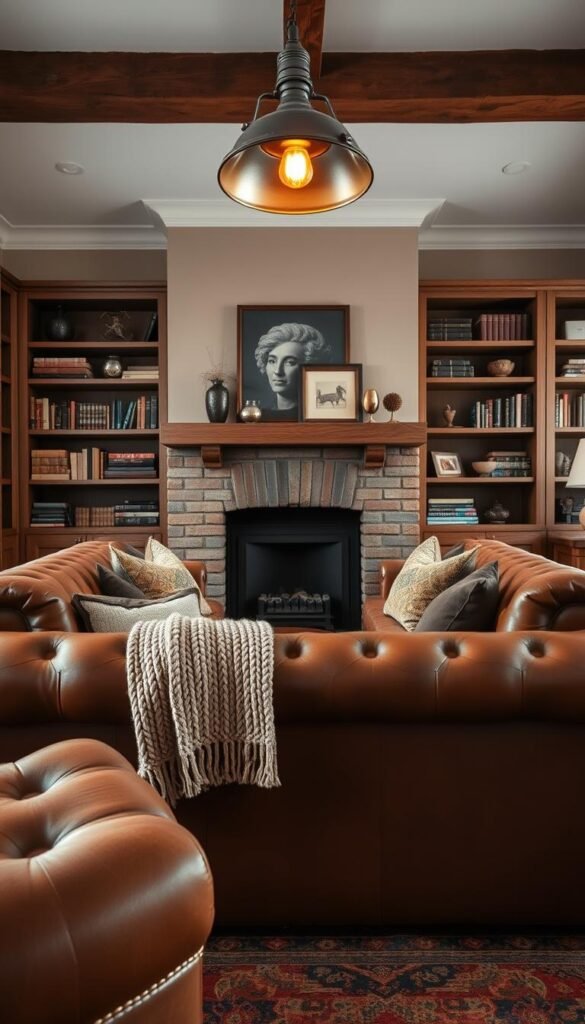 A cozy, masculine living room with layers of rich textures that create warmth and visual interest. A plush, tufted leather sofa takes center stage, its deep chestnut hue contrasted by a chunky knit throw and velvet accent pillows. Bookshelves flanking the fireplace display stacks of hardbound books and decorative objects, their weathered wood adding rustic charm. Underfoot, a vintage Turkish rug in earthy tones grounds the space. Overhead, an industrial pendant light casts a soft, golden glow, illuminating the room's inviting ambiance. The scene is captured from a low, intimate angle, emphasizing the room's enveloping comfort and sophisticated, masculine aesthetic.