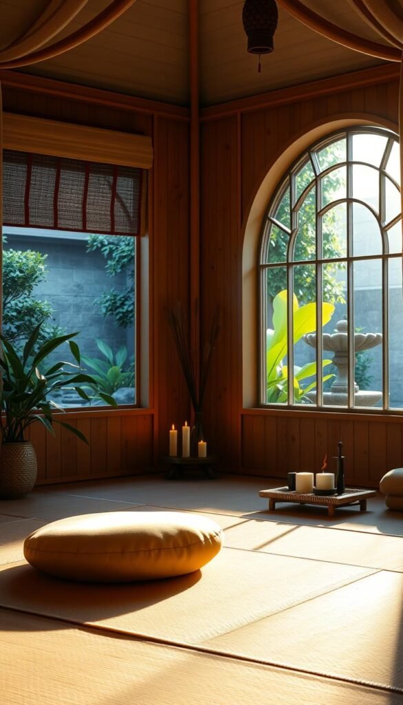 A cozy meditation and yoga sanctuary, bathed in warm, soft lighting. The foreground features a serene, minimalist design with a plush meditation cushion, a folding bamboo mat, and a small altar with candles and incense. The middle ground showcases a large, arched window framing a tranquil garden scene, with lush greenery and a flowing water feature. The background is adorned with natural wood paneling and earthy-toned textiles, creating a calming, organic ambiance. The entire space exudes a sense of peace, balance, and connection with nature, perfect for mindful practice and deep relaxation.