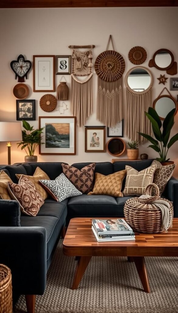 A cozy mid-century inspired living room, with layered textures and patterns that create a sense of depth and warmth. In the foreground, a plush velvet sofa in a rich jewel-toned hue, accented by an array of patterned throw pillows in complementary shades. The middle ground features a low-profile wooden coffee table, topped with a textured woven basket and a stack of vintage-inspired magazines. In the background, a textured, neutral-toned area rug grounds the space, while a gallery wall showcases an eclectic mix of framed artwork, macrame wall hangings, and decorative mirrors. Warm, diffused lighting casts a soft, inviting glow, heightening the room's cozy, layered aesthetic.