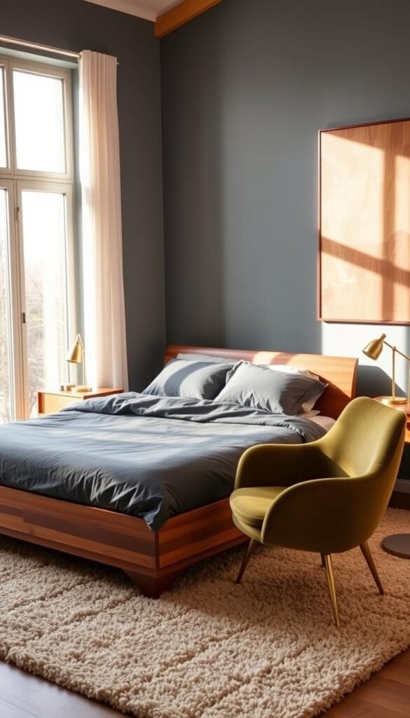 A cozy, mid-century modern bedroom with warm, natural lighting filtering through floor-to-ceiling windows. A low-profile, teak wood platform bed with a plush, charcoal grey duvet cover and matching throw pillows. Sleek, walnut-framed nightstands flank the bed, each with a minimalist brass lamp. A vintage, egg-shaped armchair in olive green velvet sits in the corner, paired with a small, round side table. The walls are painted a soft, muted shade of blue-grey, accented by a large, abstract art piece in earthy tones. A shag area rug in neutral beige anchors the space, creating a sense of warmth and comfort.