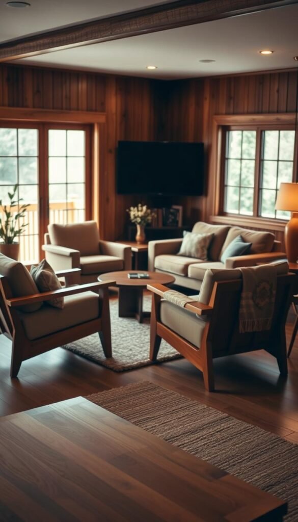 A cozy, mid-century modern living room with a warm, natural wood aesthetic. In the foreground, a sleek, wooden coffee table with subtle grain patterns. In the middle ground, a pair of plush, earth-toned armchairs and a loveseat, all resting on a textured, natural fiber rug. The background features a large, floor-to-ceiling window, allowing natural light to flood the space and highlight the rich, organic tones of the wooden furniture. A subtle, warm lighting scheme casts a soft, inviting glow throughout the room, creating a serene and harmonious atmosphere.