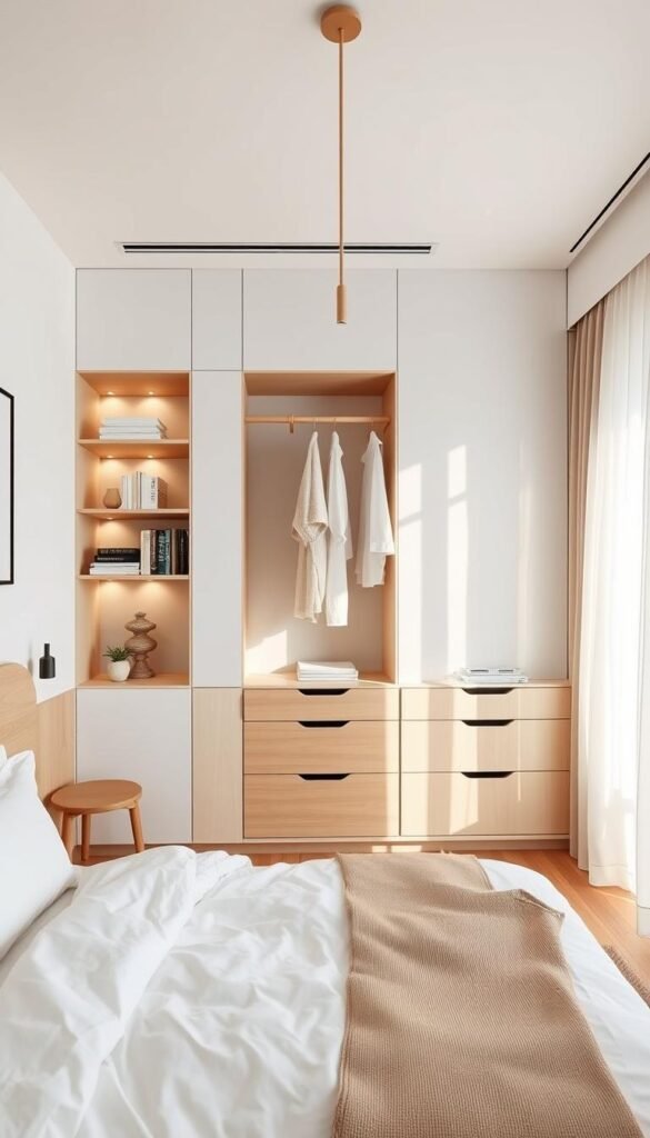 A cozy, minimalist Korean-inspired bedroom with sleek, built-in storage solutions. Soft natural lighting filters through sheer curtains, casting a warm glow on the crisp white linens and streamlined wooden furniture. Recessed wall shelves and drawers seamlessly integrated into the design, providing ample yet unobtrusive space for books, decor, and personal items. An elegant, ceiling-mounted clothes rack suspends neatly folded garments. The room exudes a sense of calm and order, a haven of zen-like tranquility.