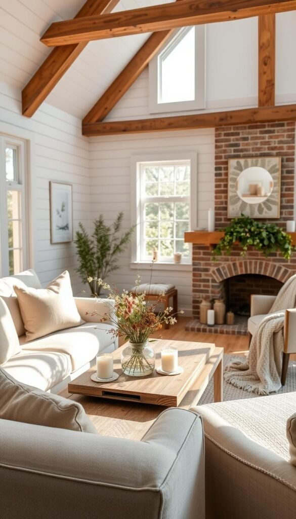 A cozy modern cottage living room with abundant natural light streaming through large windows. In the foreground, a plush linen sofa and armchair in muted tones, adorned with fluffy pillows and a knitted throw. On the middle ground, a rustic wooden coffee table showcases a vase of fresh wildflowers, candles, and nature-inspired décor. The background features white shiplap walls, exposed wooden beams, and a brick fireplace mantled with delicate greenery. Warm, soft lighting casts a welcoming glow, evoking a sense of hygge. The overall aesthetic blends contemporary minimalism with charming, earthy elements for a refined yet inviting atmosphere.