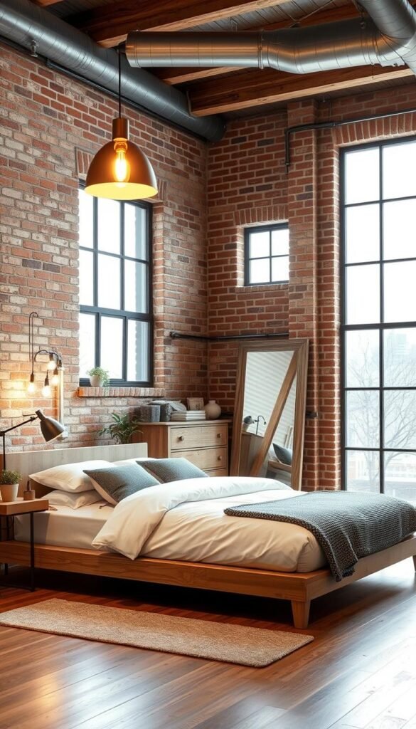 A cozy, modern industrial bedroom with exposed brick walls, warm wooden accents, and sleek metallic fixtures. Soft ambient lighting from a pendant lamp with a minimalist design casts a gentle glow, creating a tranquil atmosphere. In the foreground, a low-profile platform bed with crisp white linens and a textured gray blanket is the focal point. Complementing the bed is a nightstand with a modern table lamp and a potted plant. The middle ground showcases a rustic wooden dresser and a leaning full-length mirror, reflecting the room's unique blend of industrial and contemporary elements. In the background, large windows let in natural light, highlighting the room's airy and open feel.