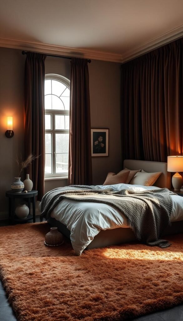 A cozy, moody bedroom with a plush rug in a rich, earthy tone anchoring the space. Lush, flowing curtains in a deep, velvet-like fabric frame the windows, casting soft shadows across the room. Carefully curated accent pieces, like ceramic vases and textural throws, add depth and visual interest. Warm, gentle lighting from sconces and a bedside lamp create a cocooning ambiance. The overall atmosphere is inviting and serene, perfectly capturing the essence of a dark and moody retreat.