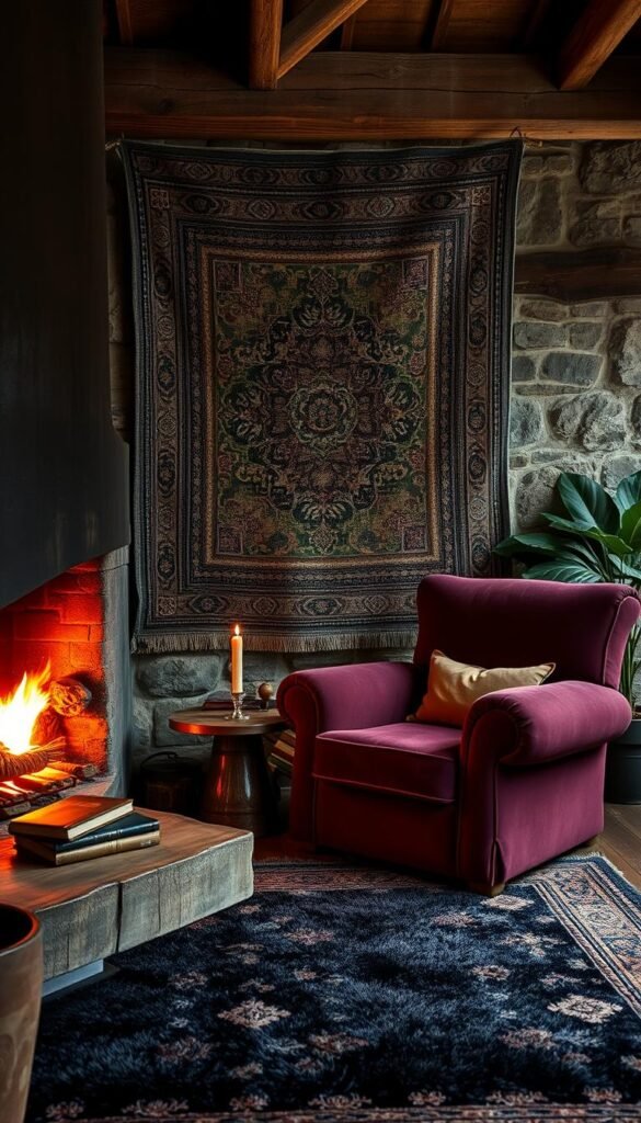 A cozy, moody interior with rich, dark tones and rustic, earthy textures. In the foreground, a large, overstuffed armchair upholstered in a deep, velvety burgundy sits beside a crackling fireplace, casting a warm, flickering light. Nearby, a heavy, wooden side table holds a few well-worn leather-bound books and a single, glowing candle. In the middle ground, a large, ornate tapestry hangs on the wall, its intricate patterns and muted colors adding depth and character to the space. Underfoot, a plush, Persian-inspired rug in shades of navy and charcoal ties the room together, while the background features exposed wooden beams, weathered stone walls, and a few strategically placed potted plants, creating a cozy, rustic atmosphere.