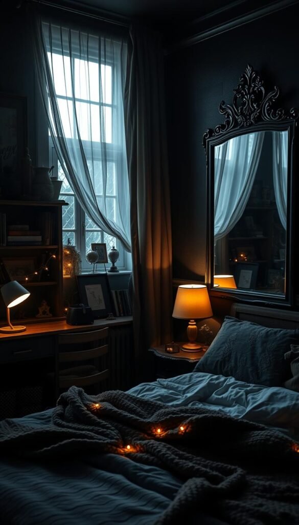 A cozy, moody kids' bedroom with a dark and atmospheric ambiance. In the foreground, a large bed with plush bedding and textured throws invites relaxation. Mood lighting from a dimly lit table lamp and fairy lights creates a soft, enveloping glow. In the middle ground, a bookshelf filled with eclectic decor and vintage trinkets adds character. The background features dark, textured walls with a large, ornate mirror reflecting the moody scene. Wispy curtains frame a window, hinting at the night sky outside. The overall composition conveys a sense of comfort, introspection, and an escape from the everyday.